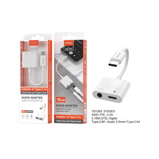 MTK 2 IN 1 AUDIO ADAPTER CABLE TB1283 BL TYPE-C TO 3.5MM AUDIO + TYPE-C TO CHARGE 0.15M WHITE 